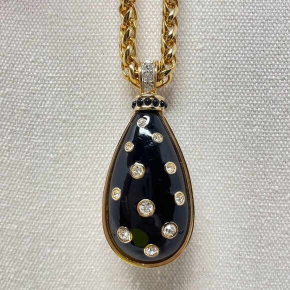 Gold Rope Chain Necklace With Reversible Teardrop Pendant Black & White Crystals - Picture 3 of 9
